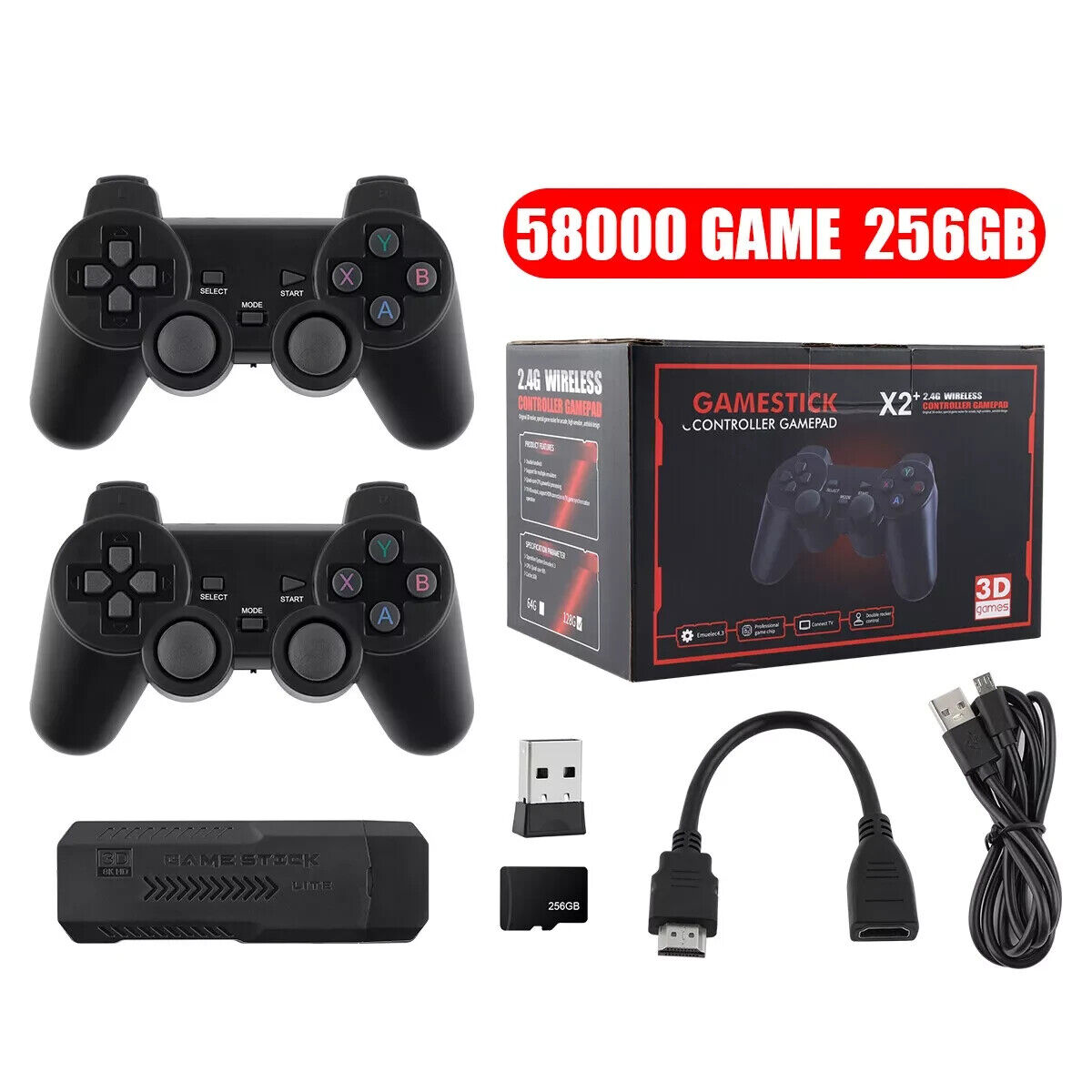 256G 58000+ Retro Games Video Game Console TV Stick 4K HDMI Wireless Controller