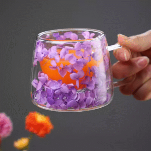 Double Wall Insulated Dry Flowers Glass Cup Milk Tea Coffee Mug With Handle